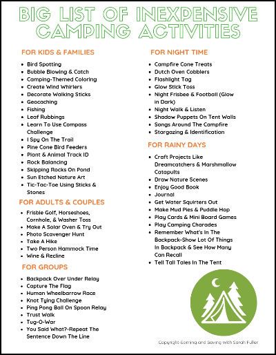 Big List of Inexpensive Camping Activities - Earning and Saving with Sarah Outdoor Camp Activities, Camping Fun Ideas, Friend Camping Trip Ideas, Scouts Activities, Aunt Camp Ideas, Teen Summer Camp Activities, Camp Counselor Ideas Activities, Camping Activities For Teens, Adult Camping Activities