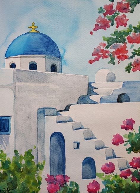 Santorini Painting, Greece Drawing, Watercolor Painting Easy, Greece Painting, Cool Pencil Drawings, Cityscape Art, Cat Air, 수채화 그림, Painting Art Projects