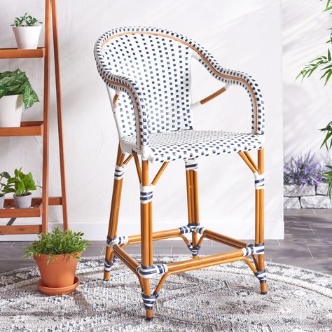 Birch Lane™ Popplewell Powder Coated Aluminum Outdoor 25.75'' Counter Stool & Reviews | Wayfair French Bistro Chairs, California Outdoor, Glass Top Side Table, Spindle Dining Chair, Outdoor Bistro, Cane Dining Chair, Bar Stool Chairs, Outdoor Living Patio, Bistro Chairs