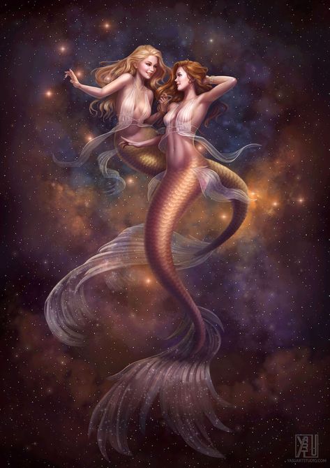 The Mermaid Zodiac: Gemini, Yasushi Matsuoka on ArtStation at https://www.artstation.com/artwork/xJAmV1 Mermaid Zodiac, Gemini Art, Gemini Constellation, Mermaid Images, Mermaid Illustration, Zodiac Gemini, Mermaids And Mermen, Zodiac Signs Gemini, Beautiful Mermaids