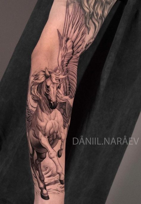 Greek Sleeve Tattoo For Men, Sleeve Tattoos Horse, Pegasus Tattoo Men, Horse Leg Tattoo, Pegasus Tattoo Women, Greek Horse Tattoo, Pegasus Tattoo Mythology, Horse Tattoo For Men, Knight Horse Tattoo