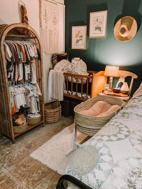 Boho Shared Nursery, Living Room Newborn Set Up, Shared Nursery And Office, Nursery Nook In Master, Nursery Master Room Combo, Thrift Nursery, Baby Room With Parents, Thrifted Baby Nursery, Vintage Eclectic Nursery