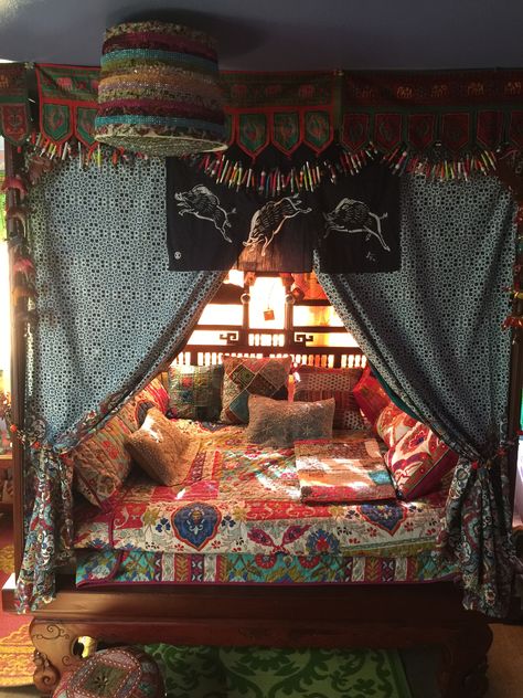 My restored Chinese canopy bed. Japanese Canopy Bed, Hippy Canopy Bed, Bed Nook Curtains, Whimsigoth Bed Canopy, Daybed Canopy Ideas, Seratonin Decor, Chinese Canopy Bed, Vintage Canopy Bed Aesthetic, Cozy Bed Canopy