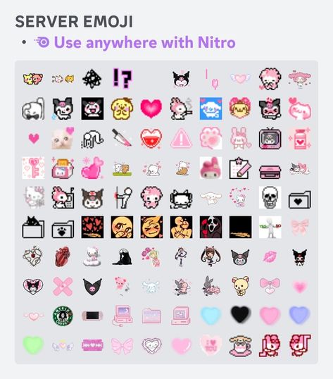 #discordserver #discord #icons #emojis #cute #pink Cute Discord Server Emojis, Sanrio Discord Emoji, Pixel Emojis Discord, Sanrio Emojis For Discord, Stickers For Discord Servers, Emojis For Discord Servers, Pink Discord Emojis, Cute Discord Stickers, Cute Discord Status