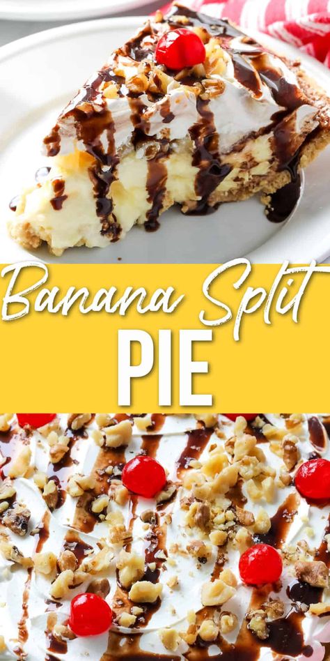 Banana Split Pie? Yes! Because the only thing better than a banana split from your favorite ice cream shop is an easy, no-bake Banana Split Pie from your very own kitchen. Obviously, this dessert is a hit at any summer party, but it’s great any time of year. Ready to dig in? Banana Split Dessert Recipes, Banana Split Pie, Bake Banana, Banana Split Cake, Banana Split Dessert, Banana Pie, Summer Pie, Fluff Desserts, Banana Dessert