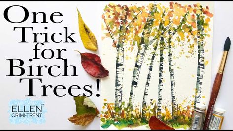 AD- Free One trick to create easy birch trees! | Ellen Crimi-Trent on Patreon Birch Tree Landscape Painting, Birch Tree Art Watercolor, Painting Birch Trees Tutorial, Watercolor Aspen Trees Tutorial, Watercolour Birch Trees Tutorial, How To Paint Birch Trees, Birch Tree Painting Watercolor, How To Paint Birch Trees Step By Step, Birch Tree Paintings