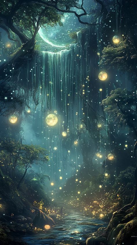 A whimsical forest with floating orbs, giant flowers whispering secrets, and a river of starlight, where mythical creatures dance under a sky filled with luminous moons. Magic Willow Tree, Forest Creatures Mythical, Magical Forest Aesthetic, Enchanted Forest Aesthetic, Faerie Forest, Mythical Forest, Spirit Forest, Surreal Beauty, Mystic Forest