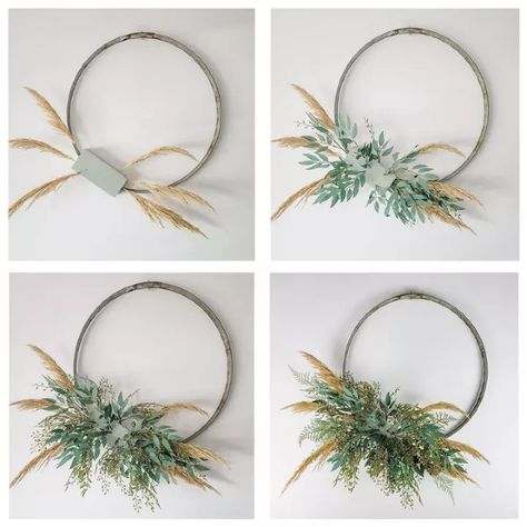 Fall Funky Junk Wreath! | Hometalk Metal Ring Wreath Front Door, Wreath Wedding Decor, Floral Rings Decor, Metal Ring Wreath Boho, Faux Pampas Grass Wreath, Floral Ring Wreath, Christmas Wreath Ring, Metal Ring Diy Decor, Metal Ring Decor