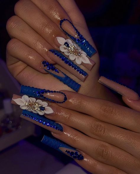 Royal Blue And Gold French Tip Nails, Royal Blue Nails Acrylic Long, Blue Xxl Nails, Royal Blue Long Nails, Blue Bling Nails, Homecoming Nails Blue, Royal Blue Nails, Nail Tutorial Videos, Business Nails