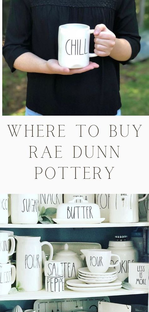 Where to buy Rae Dunn pottery, mugs, signs, canisters, bowls, birdhouse, plates, salt, and pepper. Add to your farmhouse display collection, coffee bar, bathroom, kitchen or tiered tray. Inspired decor items for sale for holidays like Easter and Christmas. Kitchen Rae Dunn Decor, Rae Dunn Coffee Bar With Lower Shelf, Rae Dunn Summer Display, Kitchen Decor Trends, Chic Bathroom Decor, Bar Bathroom, Rare Rae Dunn Mugs, Southern Traditional, Modern Bedroom Interior