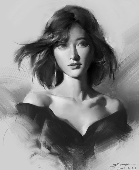 Digital Oil Painting Portrait, Greyscale Digital Art, Value Portrait, Wangjie Li, Value Drawing, Value Painting, Face Drawing Reference, Academic Art, Tinta China