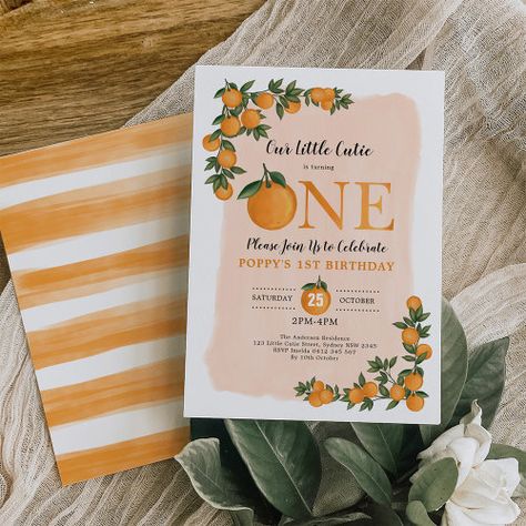 Sweet Little Cutie Orange Citrus 1St Birthday Invitation #zazzle #weddinginvitations #birthdayinvitations #babyshowerinvitations #zazzleinvitations #monogram #businesscards #graduation #homedecor Cutie 1st Birthday, Orange Birthday Parties, Cutie Orange, Summer Birthday Invitations, 98th Birthday, Spring Bright, Orange Birthday, Orange Citrus, Birthday Cheers