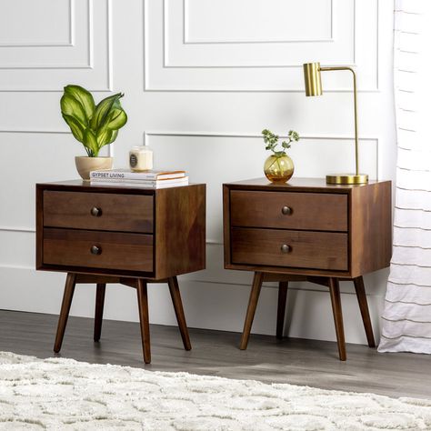 Wade Logan® Akshan Solid Wood Nightstand & Reviews | Wayfair Wood And Gold Bedside Table, Boho Bedroom Nightstand Bedside Tables, Retro Bedside Table Ideas, Nightstand Aesthetic Bohemian, Small Wood Nightstand, Mid Century Bedding Ideas, Bedside Table Wooden, Solid Wood Nightstand, Mid Century Bedside Table