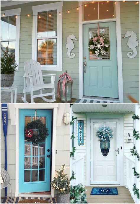 Find Eeverything Christmas at Completely Coastal, featuring Coastal, Beach & Nautical Christmas Decor Inspiration and Shopping! From Front Doors & Porch Decor to Cool Tree Ornaments & much more! Beach Front Porch Ideas, Beach House Front Porch, Front Door Porch Decor, Beach Porch, Cottage Front Doors, Front Door Inspiration, Diy Baskets, Porch Styles, House Front Porch