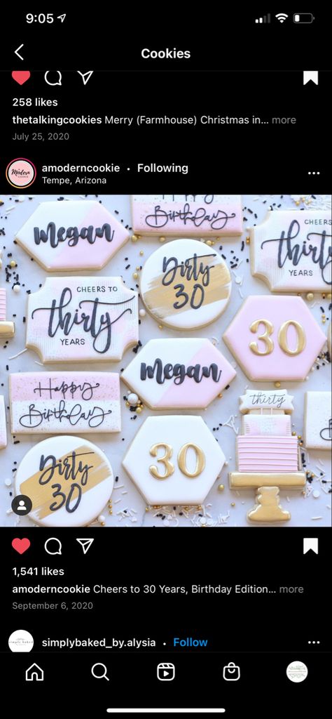 Royal Icing Cookies Recipe, Birthday Biscuits, 30th Birthday Themes, 60th Birthday Party Decorations, Happy Birthday Cookie, Cookies Theme, Pink Cookies, 30th Birthday Decorations, Iced Sugar Cookies