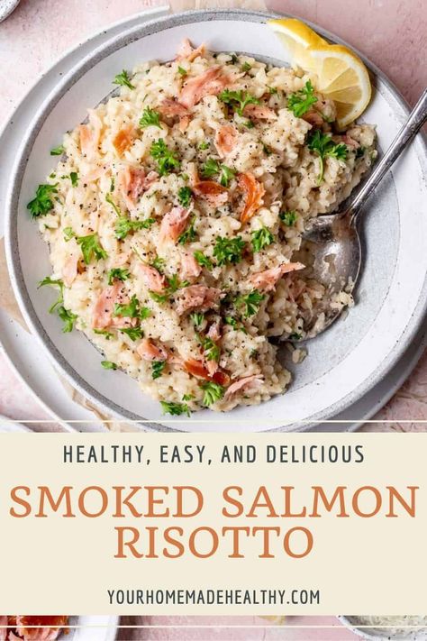 This Smoked Salmon Risotto dish is the perfect meal to make when you're craving a decadent meal at home. Creamy, buttery Arborio rice paired with the mild smokey flavor from hickory smoked salmon is unbelievably flavorful and delicious! Enjoy this Italian favorite in the comfort of your kitchen in less than an hour. Smoked Salmon And Rice, Smoked Salmon Dinner, Risotto Salmon, Smoked Salmon Risotto, Salmon Risotto, Smoked Salmon Pasta, Risotto Dishes, Italian Diet, Smoked Salmon Recipes