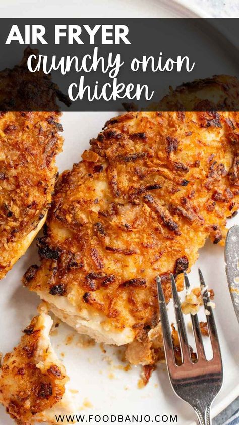 crunchy onion chicken on a plate with a fork Air Fryer French Onion Chicken, Chicken Breastrecipes Boneless Airfry, Chicken Marinade Air Fryer, French Door Air Fryer Recipes, Air Fryer Chicken Recipes Easy, Air Fry Meals, Vortex Air Fryer Recipes, Crunchy Onion Chicken, Crispy Onion Chicken