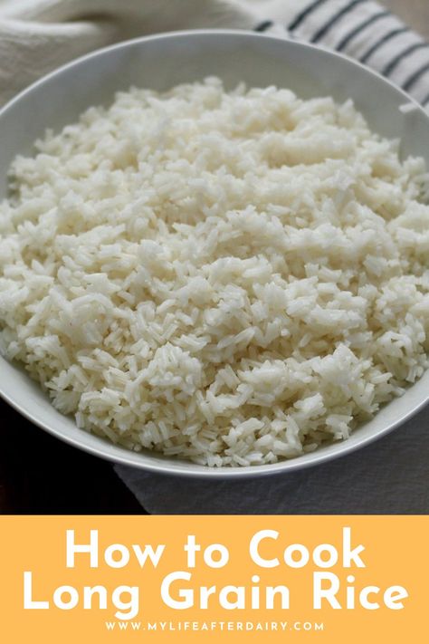 Make a pot of rice on the stove with this simple recipe. Using long grain rice, this simple stovetop rice recipe helps you make fluffy rice for any recipe in under 30 minutes. This tender rice pairs well with any dinner or can be used in a stir fry for a delicious take out made at home. Use this rice for the ultimate meal prep and keep your weekday lunches simple with this quick and easy side. #stovetop #rice #ricerecipe #mylifeafterdairy Stove Top Rice, Stovetop Rice, Weekday Lunches, Rice On The Stove, Parboiled Rice, Fluffy Rice, Cook Rice, Perfect Rice, Stove Top Recipes