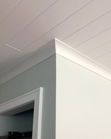 uDecor CM-1209 Crown Molding has a cove style that matches well with a plank ceiling. With many ceilings going for the planked look, try a crown molding with a simple design such as a cove shape with little to no detail. Cove moldings also work well with minimalist designs. #crownmolding #covemolding Simple Crown Molding, Cove Crown Molding, Ceiling Crown Molding, Molding Ceiling, Ceiling Trim, Plank Ceiling, House Trim, Minimalist Designs, Crown Molding