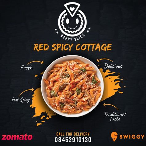 Are you Pasta lover 😋
So Why are you waiting for ,Let's come and eat Delicious, Fresh, hot and red spicy cottage Pasta from @happysliceindia Pasta Ads, Food Creative Ads, Pizza Quotes, Coffee Advertising, Food Web Design, Work Poster, Food Social Media, Food Promotion, Restaurant Social Media