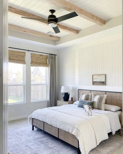 Double Raised Panel Wall, Light Wood Beams, Tray Ceiling Bedroom, Stained Beam, Faux Ceiling Beams, Shiplap Ceiling, Faux Wood Beams, Faux Beams, Primary Bathroom