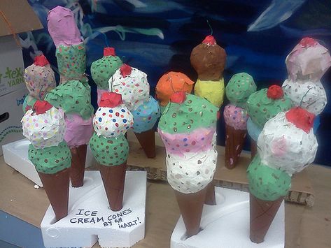 finished ice cream cones | 4th grade finished these just in … | Flickr Paper Mache Ice Cream, Milkshake Art, Ice Cream Crafts, Donut Art, Kindergarten Art Lessons, Arts And Crafts Storage, Sculpture Lessons, 4th Grade Art, Learn Italian