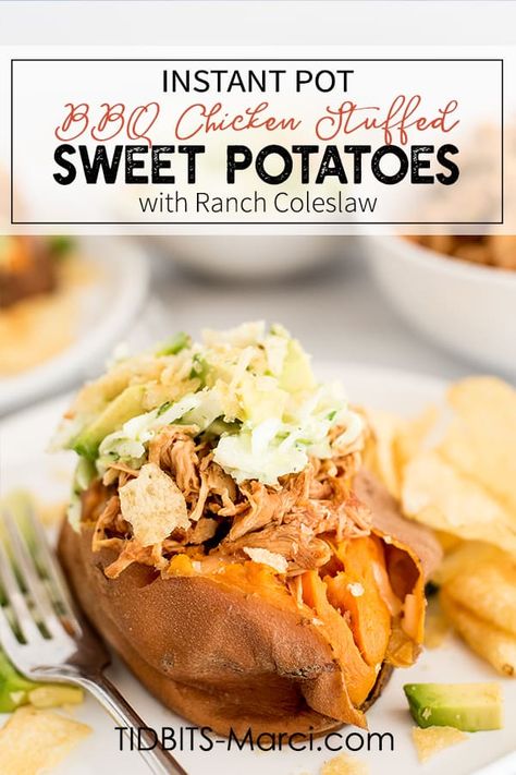 Instant Pot Barbecue Chicken Stuffed Sweet Potatoes with Ranch Coleslaw is a quick, easy, one pot meal perfect for every night of the week. Healthy, wholesome, homemade dinner. #instantpotchicken #barbecuechicken #stuffedsweetpotato Instant Pot Barbecue Chicken, Chicken Stuffed Sweet Potato, Ranch Coleslaw, Meat And Potatoes Recipes, Sweet Potato Side Dish, Stuffed Sweet Potato, Sweet Potato Sides, Healthy Coleslaw, Stuffed Sweet Potatoes