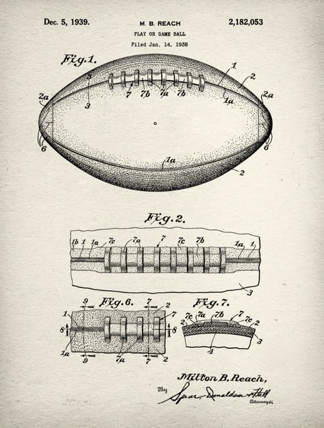 "Football Patent Print Art on Canvas. Large Wall Art in various sizes. Stretched, Framed & Ready to hang using artist grade materials. No need to spend a fortune on custom framing. Unique art makes a great gift for any Football Fan or makes for great decor for your man cave or sports themed kids room. Sizes up to 30\"w x 40\"h. This particular football invention was patented by M.B. Reach in 1939. This vintage patent art has been restored and digitally enhanced to maintain integrity of the o Themed Kids Room, Boy Room Art, Man Cave Art, Cow Canvas, Football Art, Sports Decorations, Patent Art, Sports Art, Patent Prints