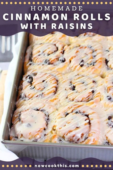 These homemade cinnamon raisin rolls are sweet, soft, fluffy, moist, and easier to make than you might think! The dough is lightly sweet. The filling is made of butter, cinnamon, dark brown sugar, and plump, juicy raisins. And it's all topped off with a generous drizzle of vanilla powdered sugar glaze. They're perfect for breakfast, brunch, special occasions and holidays! Get the recipe and try them! Cinnamon Raisin Rolls, Cinnamon Rolls With Walnuts Homemade, Cinnamon Raisin Rolls Homemade, Cinnamon Rolls With Raisins, Raisin Cinnamon Rolls, Best Cinnamon Raisin Bread Recipe, Cinnamon Rolls Homemade With Raisins, Cinnamon Rolls With Nuts And Raisins, Rum Raisin Cinnamon Rolls