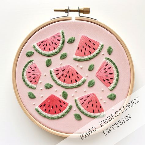 Watermelon Life Cycle, Watermelon Embroidery, Cottagecore Embroidery, Watermelon Pattern, Watermelon Slice, Embroidery Template, Watermelon Slices, Pola Sulam, Cute Fruit