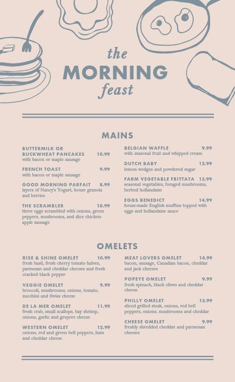 Breakfast Diner Menu Ideas, Breakfast Menus Design, Breakfast Cafe Menu Ideas, Pancake Menu Design, Brunch Menu Design Ideas, Breakfast Menu Design Ideas, Breakfast Cafe Design, Breakfast Menu Ideas Restaurant, Cafe Breakfast Menu Ideas