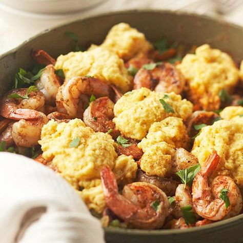 This Cajun Shrimp and Corn Bread Casserole is brimming with colorful vegetables and topped with fluffy cornbread dumplings. More healthy casserole recipes: http://www.bhg.com/recipes/quick-easy/make-ahead-meals/healthy-casserole-recipes/ #myplate Sausage Stir Fry, Bread Casserole, Fall Casseroles, Shrimp And Corn, Shrimp Jambalaya, Shrimp Casserole, Bread Dumplings, Healthy Casserole Recipes, Mardi Gras Food