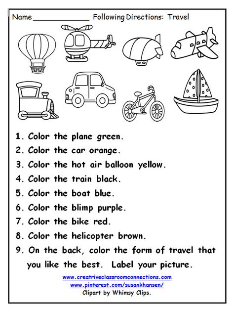 Following Directions Worksheet, Follow Directions Worksheet, Directions Worksheet, Worksheets For Grade 2, Following Directions Activities, Transportation Worksheet, Worksheet Kindergarten, Transportation Preschool, Transportation Theme