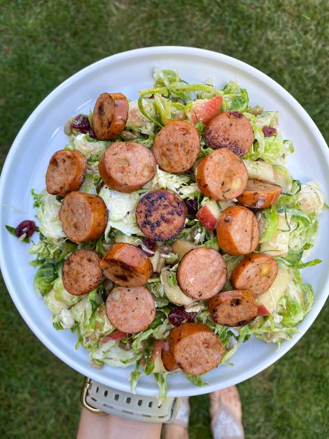 Sausage Salad Healthy, Chicken Sausage Salad, Salad With Sausage, Shredded Brussels Sprouts Salad, Brussels Salad, Wahls Diet, Budha Bowls, Sautéed Chicken, Shredded Brussel Sprout Salad