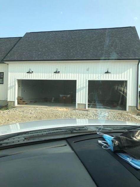 Garage Lights Outside Farmhouse, Lights Above Garage Doors, Garage Farmhouse Lights, Outdoor Lighting Garage, Farmhouse Garage Lights Exterior, 3 Car Garage Lighting Exterior, Barndominium Exterior Lighting, Farmhouse Garage Lights, Outdoor Light Sconces