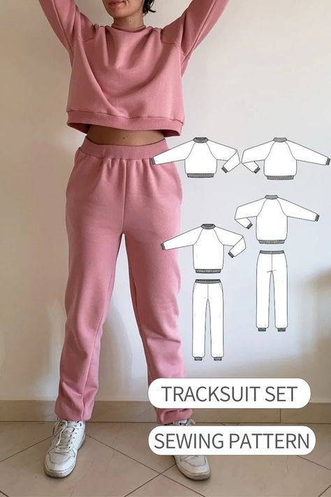 Comfortable basic tracksuit Tracksuit Pattern Sewing, Set Sewing Pattern, Tracksuit Outfit, Free Pdf Sewing Patterns, Suit Pattern, Pants Sewing Pattern, Collared Shirt Dress, Crop Top Sweatshirt, Set Patterns