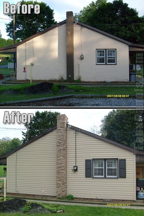 Outside Chimney Makeover, Chimney Covering Ideas, Exterior Chimney, Chimney Ideas, Small Sunroom, Chimney Design, Home Styles Exterior, Fake Rock, Exterior Home Design