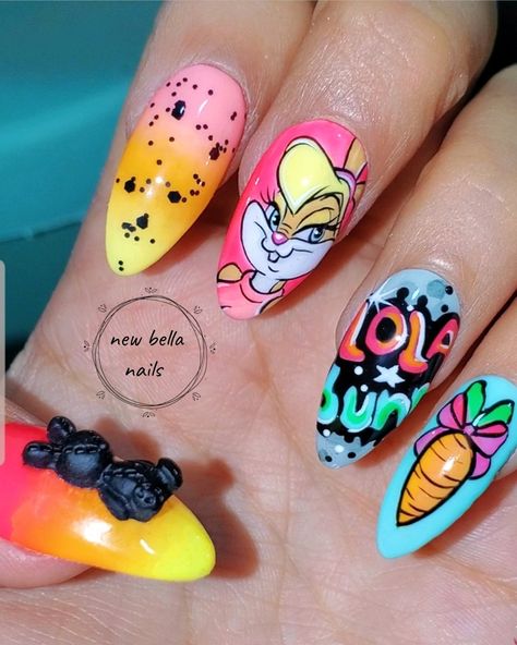 Lola Bunny Nails, Bugs Bunny Nails, Bunny Manicure, Bella Nails, Disney Nail, Lola Bunny, Bunny Nails, Nail Art Disney, Disney Nails