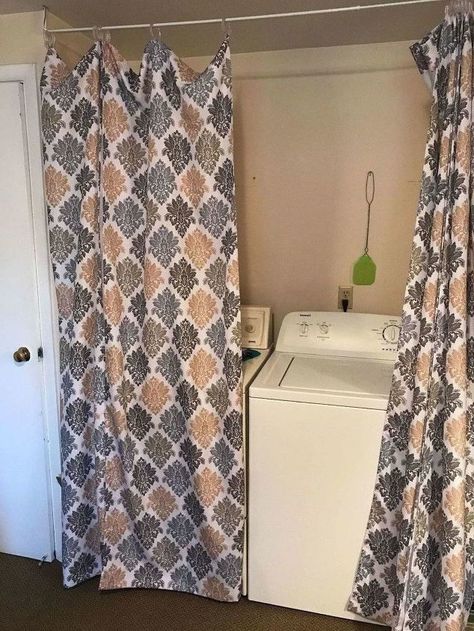 laundry room with curtains Shower Curtain With Valance, Laundry Closet Makeover, Curtain Tutorial, Faux Brick Panels, Patchwork Curtains, Thrift Store Makeover, Faux Brick Walls, Brick Paneling, No Sew Curtains