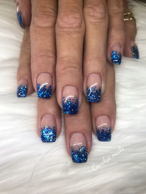 White Nails With Blue Glitter, Blue Sparkle Tip Nails, Sparkly Blue Tip Nails, Dark Blue Acrylic Nails Glitter, Blue Glitter Ombre Nails Acrylic, Blue Glitter French Tip Nails, Light Blue Glitter Nails, Dark Blue Glitter Nails, Blue Glitter Acrylic Nails