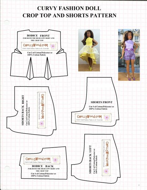 Image of 6-piece sewing pattern designed to fit curvy fashion dolls like the Curvy Barbie from the Fashionista line, Lammily, and Ideal's Tammy Dolls. Pattern includes an image of Curvy Barbie wearing a shorts and crop-top shirt, along with an image of Curvy Barbie wearing a flouncy high-low dress with no sleeves. Within some of the patterns is a watermark that reads, "Chelly Wood dot com: Free printable sewing patterns and tutorials." Free Printable Sewing Patterns, Free Barbie, Tammy Doll, Куклы American Girl, Barbie Dress Pattern, Sewing Barbie Clothes, Barbie Sewing Patterns, Barbie Doll Clothing Patterns, Diy Barbie Clothes