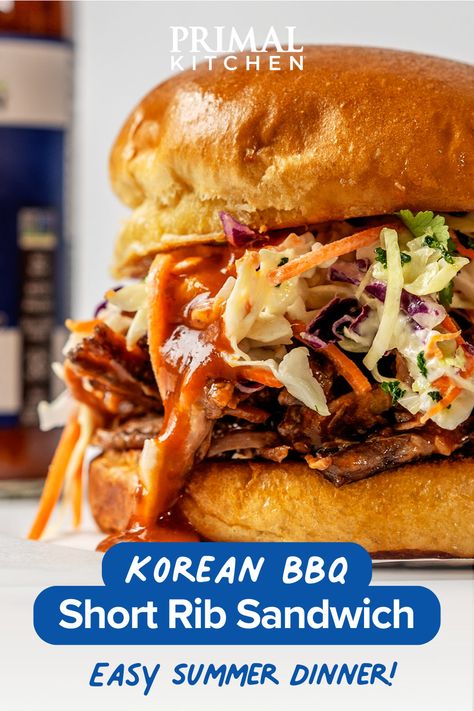 Yum... Short ribs, long-lasting 🍖 This mouthwatering sandwich recipe is made with our tangy, savory, spicy-sweet Korean BBQ Sauce for a gluten-free, soy-free meal that will make your taste buds pop. Find Korean BBQ 2-pack at your local Costco! Flanken Ribs, Short Rib Sandwich, Bbq Beef Ribs, Boneless Beef Short Ribs, Rib Sandwich, Bbq Short Ribs, Korean Bbq Beef, Korean Bbq Restaurant, Korean Bbq Sauce