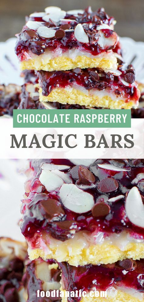 Chocolate Raspberry Magic Bars are like a party in your mouth. A dessert you'll definitely make again! Raspberry Magic Bars, Raspberry Coconut Magic Bars, Magic Bars Recipe, Cherry Bars, Raspberry Bars, Magic Bars, Raspberry Coconut, Raspberry Recipes, Cookie Bar