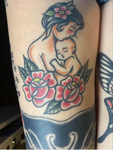 Mother Daughter Tattoos Traditional, American Traditional Mother Tattoo, Traditional Tattoo Baby, Trad Sleeve, Dad Daughter Tattoo, Mama Tattoos, Tattoos For Baby Boy, Daniel Tattoo, Breastfeeding Tattoo