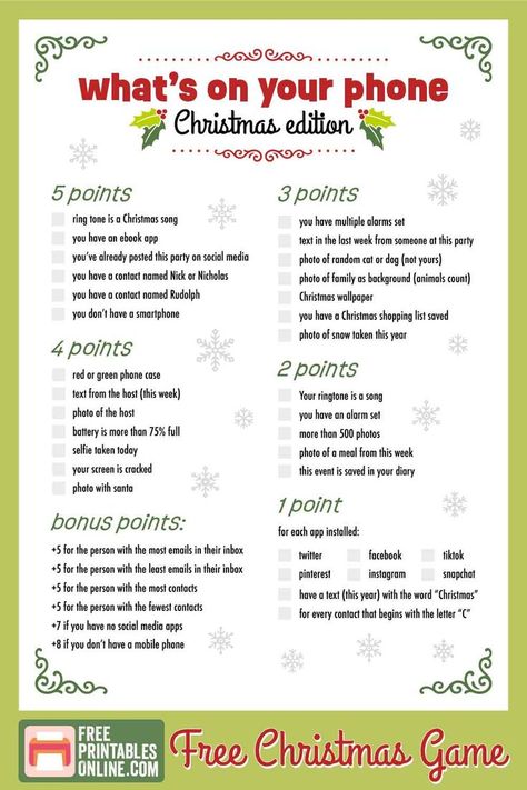 contains a mockup of a points based Christmas game dependant on what you do or don't have on your cell phone. Christmas Game Free Printable, Free Christmas Games, Work Party Games, Christmas Party Games For Groups, Fun Holiday Games, Christmas Party Activities, Christmas Quiz, Xmas Games, Christmas Shopping List