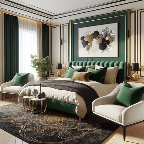 Emerald Green Room Ideas Bedroom, Bedroom Colour Schemes Green, Green Bedroom Colors, Green Room Ideas Bedroom, Green Bedroom Decor, Gold Bedroom Decor, Beautiful Bedroom Designs, Bedroom Design Trends, Green Apartment