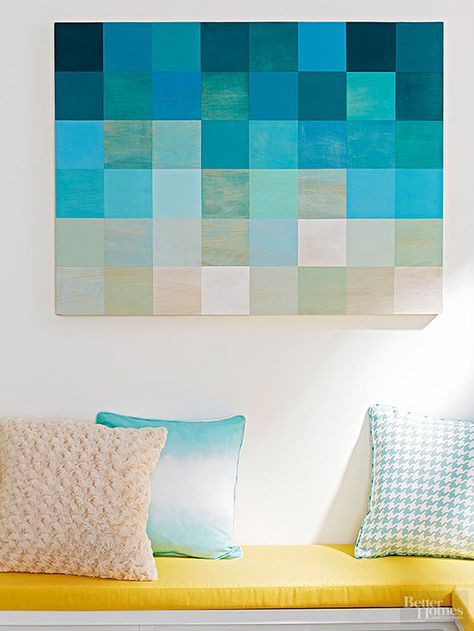 Create large, custom pixel-inspired artwork on the cheap using a simple plywood panel and crafts paint. Cheap Diy Wall Art, Diy Wand, Embroidery Wall Art, Upcycle Decor, Diy Artwork, Tableau Design, Mosaic Diy, Crafting Supplies, Cheap Diy