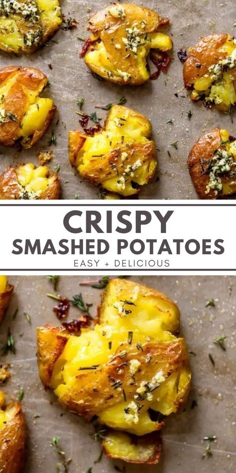 Ways To Eat Potatoes, Garlic And Herb Butter, Garlic Smashed Potatoes, Crispy Smashed Potatoes, Crispy Garlic, Smashed Potatoes, Potato Side Dishes, Healthy Eating For Kids, Herb Butter