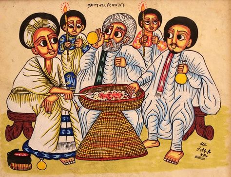 SOMETIMES AN ETHIOPIAN MEAL can become a work of art. That's because artists in Ethiopia - and in other cultures, too, of course - like to memorialize their cuisine with paintings. In the case of E... History Of Ethiopia, Ethiopian Food, Church Pictures, Food Banner, Afrocentric Art, Africa Art, Mesopotamia, Orthodox Icons, Religious Art