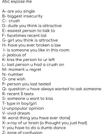 A B C Expose Me Questions, How To Play Abc Expose You Game, Abc Expose Me Game, Abc's Expose You Game, Abc's Expose U, Soulmate Games On Paper, Abc Expose Me Questions Juicy, Abc Expose Me Questions A-z Juicy Quiz, Abc Questions